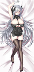 Rule 34 | 1girl, arm up, august von parseval (azur lane), azur lane, black dress, breasts, brown thighhighs, buttons, clothing cutout, cross, curled horns, double-breasted, dress, full body, gloves, grey eyes, hair over one eye, highres, horns, huge breasts, iron cross, long hair, lying, mechanical horns, microdress, on back, one eye covered, silver hair, solo, taut clothes, taut dress, thighhighs, togare, underboob cutout, very long hair, white gloves