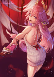 Rule 34 | 1girl, absurdres, alternate costume, animal ears, back, backless dress, backless outfit, bangle, bare back, bracelet, breasts, candy, chocolate, chocolate bar, commentary, cowboy shot, dress, earrings, english commentary, food, food in mouth, fox ears, from behind, genshin impact, giving, gradient background, grey sweater, hair between eyes, hair ornament, halterneck, highres, holding, incoming food, indoors, jewelry, large breasts, long hair, looking at viewer, looking back, low-tied long hair, meme attire, mouth hold, pink hair, purple eyes, radishkek, red background, ribbed sweater, shoulder blades, sideboob, sleeveless, sleeveless turtleneck, smile, solo, sweater, turtleneck, turtleneck sweater, twitter username, valentine, very long hair, virgin killer sweater, yae miko