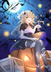 Rule 34 | 1girl, bat ornament, black footwear, black ribbon, blonde hair, blush, bow, breasts, dress, eyepatch, fischl (genshin impact), genshin impact, green eyes, hair over one eye, hair ribbon, halloween, halloween costume, high heels, highres, irqiy, lamp, long hair, looking at viewer, medium breasts, night, open mouth, pumpkin, ribbon, smile, solo, thighhighs, torn clothes, torn thighhighs, two side up