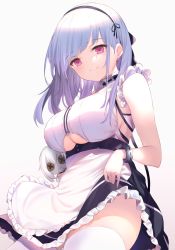 Rule 34 | 1girl, anchor choker, apron, azur lane, bare shoulders, black hairband, blush, breasts, button eyes, buttons, center frills, choker, closed mouth, clothing cutout, dido (azur lane), frilled choker, frills, hairband, highres, large breasts, long hair, looking at viewer, maosame, purple eyes, silver hair, simple background, smile, solo, stuffed toy, underboob, underboob cutout, waist apron, white apron, white background