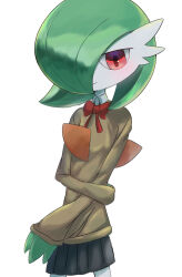 Rule 34 | 1girl, black skirt, blush, bob cut, brown sweater, closed mouth, clothed pokemon, collared shirt, colored skin, cowboy shot, creatures (company), female focus, flat chest, game freak, gardevoir, gen 3 pokemon, green hair, green skin, hair over one eye, half-closed eyes, happy, highres, holding own arm, looking at viewer, miniskirt, multicolored skin, neck ribbon, nintendo, one eye covered, pleated skirt, pokemon, pokemon (creature), red eyes, red ribbon, ribbon, school uniform, shakemata, shirt, short hair, simple background, skirt, sleeves past wrists, smile, solo, standing, sweater, two-tone skin, white background, white shirt, white skin