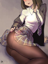 Rule 34 | 1girl, arm support, ass, black jacket, black pantyhose, blush, boyleart, clothes lift, collared shirt, green hair, hand on own ass, hidden eyes, highres, jacket, lips, long sleeves, lying, nail polish, necktie, off shoulder, on side, original, out of frame, pantyhose, parted lips, plaid, plaid skirt, pleated skirt, school uniform, shirt, shirt tucked in, skirt, skirt lift, smile, solo, thighs, white shirt