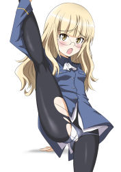 Rule 34 | 1girl, :o, blonde hair, blush, glasses, gluteal fold, kneepits, leg up, legs, long hair, minpei ichigo, panties, pants, pantyhose, perrine h. clostermann, solo, split, standing, standing on one leg, standing split, stretching, strike witches, thighs, torn clothes, underwear, wavy hair, white background, white panties, world witches series, yellow eyes