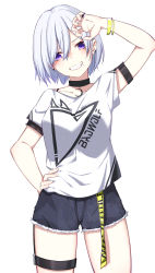 Rule 34 | 1girl, arm up, belt, blue eyes, bracelet, breasts, choker, grin, highres, ichiki 1, jewelry, looking at viewer, medium breasts, mole, mole under mouth, original, ring, short hair, short shorts, short sleeves, shorts, silver hair, smile, solo, standing, thigh strap, tomboy
