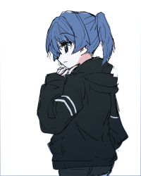 Rule 34 | 1girl, black jacket, black shorts, blue eyes, blue hair, commentary request, hand on own chin, highres, jacket, kanduki kamibukuro, link! like! love live!, long sleeves, love live!, murano sayaka, parted lips, short hair, shorts, simple background, sketch, solo, white background