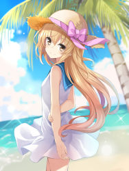 Rule 34 | 1girl, bare arms, bare shoulders, beach, blonde hair, blurry, brown hat, cloud, cowboy shot, day, depth of field, dress, flat chest, hat, hat ribbon, head tilt, highres, horizon, long hair, looking at viewer, looking back, ocean, original, outdoors, palm tree, pink ribbon, ribbon, sailor collar, sailor dress, sky, sleeveless, sleeveless dress, smile, solo, standing, straw hat, sunlight, takehana note, tree, very long hair, virtual youtuber, water, white dress, yellow eyes