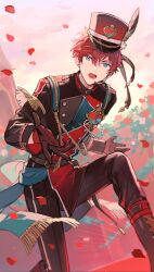 Rule 34 | 1boy, amagi hiiro, black gloves, blue eyes, boots, bow, collared shirt, commentary, earrings, ensemble stars!, gloves, hair between eyes, hat, hat feather, heart, jewelry, long sleeves, lower teeth only, male focus, microphone, open mouth, petals, red bow, rose petals, seuga, shirt, short hair, solo, spade (shape), symbol-only commentary, teeth