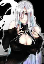 Rule 34 | 1girl, bare shoulders, breasts, cleavage cutout, clothing cutout, female focus, hair over one eye, large breasts, long hair, mugenshiki, original, red eyes, ribbed sweater, silver hair, smile, solo, sweater