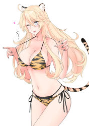 Rule 34 | 1girl, animal ears, animal print, bikini, blonde hair, blue eyes, breasts, cleavage, commentary request, cowboy shot, iowa (kancolle), kantai collection, large breasts, layered bikini, looking at viewer, one eye closed, side-tie bikini bottom, simple background, solo, star-shaped pupils, star (symbol), swimsuit, symbol-shaped pupils, tail, takase asagiri, tiger ears, tiger print, tiger tail, white background