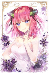 Rule 34 | 1girl, :q, bare shoulders, black flower, black ribbon, black rose, blue eyes, blue nails, blunt bangs, blush, breasts, character name, closed mouth, commentary request, dress, fingernails, flower, go-toubun no hanayome, grey flower, grey rose, hair ribbon, hand up, head tilt, highres, long sleeves, looking at viewer, medium breasts, medium hair, nail polish, nakano nino, off-shoulder dress, off shoulder, petals, pink hair, pink nails, purple flower, purple rose, ribbon, rose, smile, solo, taya oco, tongue, tongue out, two side up, upper body, white background, white dress