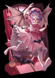 Rule 34 | 1girl, absurdres, back bow, bat (animal), bat wings, blush, bow, brooch, commentary request, curtains, eyebrows hidden by hair, frilled shirt, frilled shirt collar, frilled skirt, frilled sleeves, frills, full body, hat, hat ribbon, highres, indoors, jewelry, light purple hair, mahoro (minase mahoro), mob cap, nail polish, no shoes, open mouth, pantyhose, pink nails, pink shirt, pink skirt, puffy short sleeves, puffy sleeves, purple hair, red bow, red curtains, red eyes, red ribbon, remilia scarlet, ribbon, ribbon trim, running, sash, scarlet devil mansion, shirt, short hair, short sleeves, skirt, solo, teeth, touhou, upper teeth only, vampire, waving, white pantyhose, window, wings