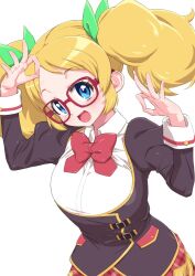 Rule 34 | 1girl, :d, aikatsu!, aikatsu! (series), alternate breast size, black shirt, blonde hair, blue eyes, bow, bowtie, breasts, checkered clothes, checkered skirt, collar, glasses, green bow, hair bow, hands up, head tilt, large breasts, looking at viewer, medium hair, ok sign, open mouth, red-framed eyewear, red bow, red bowtie, saegusa kii, school uniform, senzoc, shirt, simple background, skirt, smile, solo, twintails, upper body, white background, white shirt