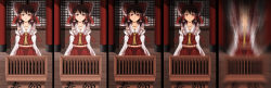 Rule 34 | 1girl, absurdres, bad id, bad pixiv id, bow, box, breasts, brown hair, cleavage, detached sleeves, donation box, female focus, hair bow, hakurei reimu, highres, long image, monizumi ishikawa, red eyes, ribbon, small breasts, touhou, wide image
