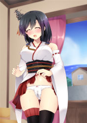 Rule 34 | 10s, 1girl, ^ ^, bare shoulders, black hair, black thighhighs, bow, bow panties, breasts, closed eyes, clothes lift, commentary request, detached sleeves, female ejaculation, hair ornament, highres, indoors, japanese clothes, jewelry, kantai collection, large breasts, long sleeves, navel, nontraditional miko, open clothes, open mouth, open skirt, panties, pleated skirt, pussy juice, ring, sakura umi, short hair, skirt, skirt lift, solo, thigh gap, thighhighs, underwear, wedding band, wet, wet clothes, wet panties, white panties, window, yamashiro (kancolle)