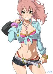 Rule 34 | 1girl, bag, belt, bracelet, breasts, cleavage, commentary request, cross, earrings, front-tie top, grin, heart, heart earrings, holding, holding bag, idolmaster, idolmaster cinderella girls, jewelry, jougasaki mika, legs apart, long hair, looking at viewer, medium breasts, midriff, navel, necklace, parted lips, pendant, pink hair, purple scrunchie, revision, scrunchie, shiny skin, shirt, short shorts, shorts, simple background, smile, solo, standing, stomach, suna (sandworks), thong, tied shirt, white background, wrist scrunchie