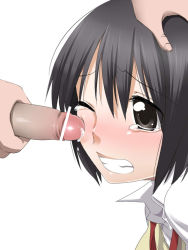 Rule 34 | 1girl, bad id, bad pixiv id, bar censor, black eyes, black hair, blush, censored, character request, cheek poking, chupimaro, clenched teeth, copyright request, facejob, hand on another&#039;s head, one eye closed, penis, penis on face, poking, precum, short hair, simple background, solo focus, tears, teeth, white background, wince