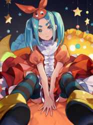 Rule 34 | 1girl, aqua hair, aqua thighhighs, arms between legs, black thighhighs, blurry, boots, bright pupils, center frills, commentary, cushion, depth of field, dress, expressionless, eyes visible through hair, frilled dress, frills, full body, googly eyes, green eyes, head tilt, highres, long hair, looking at viewer, monogatari (series), multicolored clothes, multicolored dress, ononoki yotsugi, orange dress, orange headwear, own hands together, parted lips, pillow, puffy short sleeves, puffy sleeves, short eyebrows, short sleeves, sidelocks, sitting, solo, star (symbol), striped clothes, striped thighhighs, thick eyebrows, thighhighs, turtleneck, twintails, two-tone legwear, white dress, yellow footwear, yuko (uc yuk)