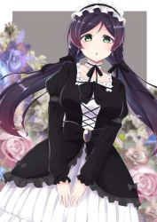 Rule 34 | 1girl, :o, alternate costume, black bow, black bowtie, black dress, black ribbon, bow, bowtie, chiro (bocchiropafe), choker, cowboy shot, dress, dress bow, dutch angle, frilled choker, frills, gothic lolita, green eyes, hair ribbon, highres, juliet sleeves, layered dress, lolita fashion, long hair, long sleeves, looking away, love live!, love live! school idol project, low twintails, parted bangs, petticoat, puffy sleeves, purple hair, ribbon, solo, tojo nozomi, triangle mouth, twintails, v arms, white choker