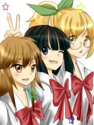 Rule 34 | 3girls, aged up, black hair, blonde hair, blue eyes, blunt bangs, bow, brown eyes, brown hair, fang, glasses, hair ribbon, height difference, hsiksyr, kagami kuro, kodomo no jikan, kokonoe rin, long hair, looking at viewer, multiple girls, one eye closed, open mouth, parted lips, ponytail, ribbon, school uniform, simple background, smile, spoilers, star (symbol), usa mimi, v, white background, wink, yellow eyes