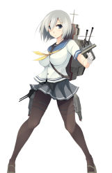 Rule 34 | 10s, 1girl, black pantyhose, blue eyes, blush, breasts, gloves, hair ornament, hair over one eye, hairclip, hamakaze (kancolle), kantai collection, large breasts, legs, looking at viewer, pantyhose, school uniform, serafuku, short hair, silver hair, simple background, skirt, solo, white background, white gloves, zekkyon