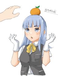 Rule 34 | 1girl, 1other, blue hair, commentary request, dress shirt, food, food on head, fruit, fruit on head, gloves, grey vest, hatsukaze (kancolle), highres, hime cut, kantai collection, makinoki, neck ribbon, object on head, orange (fruit), ribbon, school uniform, shirt, simple background, twitter username, upper body, vest, white background, white gloves, white shirt, yellow neckwear