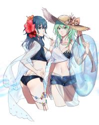 Rule 34 | 2girls, ass, bikini, blue eyes, blue hair, breasts, byleth (female) (fire emblem), byleth (fire emblem), cleavage, clovisxvii, cropped legs, dual persona, female focus, fire emblem, fire emblem: three houses, flower, food, green eyes, green hair, hair flower, hair ornament, hand on own hip, hat, highres, jewelry, large breasts, long hair, matching hair/eyes, multiple girls, navel, necklace, nintendo, popsicle, sarong, straw hat, swimsuit, thighs, white background