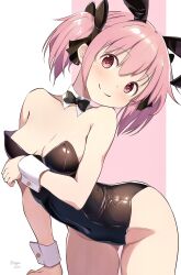 Rule 34 | 1girl, arm support, arm under breasts, artist name, blush, breasts, covered navel, highres, kaname madoka, leaning forward, legs, leotard, looking at viewer, mahou shoujo madoka magica, medium breasts, nagare (flow), pink eyes, pink hair, playboy bunny, rabbit ears, smile, solo, thighs, twintails