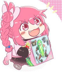 Rule 34 | 1girl, action figure, black skirt, blush, bow, braid, braided ponytail, chibi, commentary request, cookie (touhou), fangs, full body, gyate gyate, hair bow, layered sleeves, long hair, long sleeves, naitori., notice lines, open mouth, pickle rick, pink bow, pink eyes, pink hair, pink shirt, rick and morty, sasorihime (cookie), shirt, short over long sleeves, short sleeves, side ponytail, single braid, skirt, smile, solo, v-shaped eyebrows, white background