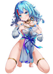 Rule 34 | 1girl, absurdres, aqua eyes, aqua hair, artist name, ban tang, bare shoulders, barefoot, blue background, blue hair, blue ribbon, blunt bangs, blunt ends, blush, breasts, closed mouth, collarbone, detached sleeves, fate/grand order, fate (series), grabbing own breast, groin, hands on own chest, highres, japanese clothes, jewelry, kneeling, large breasts, long sleeves, looking at viewer, magatama, medium hair, multicolored hair, necklace, no panties, no pants, pelvic curtain, pose request, puffy long sleeves, puffy sleeves, red hair, revealing clothes, ribbon, rope, sideboob, sideless outfit, signature, simple background, smile, streaked hair, thigh bands, thighlet, thighs, utsumi erice, white background