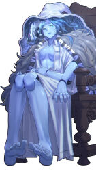 Rule 34 | 1girl, absurdres, barefoot, blue eyes, blue hair, blue skin, breasts, cloak, closed mouth, colored skin, cracked skin, doll joints, dress, elden ring, extra arms, extra faces, feet, from below, fur cloak, hat, highres, joints, large hat, long hair, looking at viewer, medium breasts, no bra, one eye closed, ranni the witch, shiny skin, simple background, soles, solo, toes, white background, witch, witch hat, yamauchi (conan-comy)