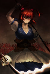 Rule 34 | 1girl, breasts, chikin (pixiv742335), female focus, gradient background, hair bobbles, hair ornament, highres, onozuka komachi, red eyes, red hair, scythe, short hair, skull, smile, solo, touhou, twintails, two side up