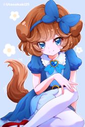 Rule 34 | 1girl, animal ears, belt, blue background, blue dress, blue eyes, blush, brooch, brown hair, delicious party precure, dog ears, dog tail, dress, heart, heart brooch, highres, jewelry, looking at viewer, medium hair, pam-pam (precure), pantyhose, precure, puffy short sleeves, puffy sleeves, red footwear, short sleeves, smile, solo, tail, twitter username, uta (yagashiro25), white pantyhose