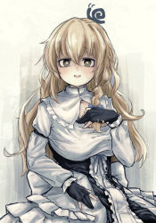 Rule 34 | 1girl, animal, animal on head, black gloves, blonde hair, blue bow, bow, braid, breasts, cleavage cutout, clothing cutout, commentary request, cookie (touhou), cowboy shot, frilled sleeves, frills, gloves, hair between eyes, hair bow, highres, kirisame marisa, long hair, long sleeves, looking at viewer, mars (cookie), medium breasts, no headwear, on head, open mouth, partially fingerless gloves, shirt, side braid, single braid, snail, solo, tail or, touhou, white shirt, yellow eyes