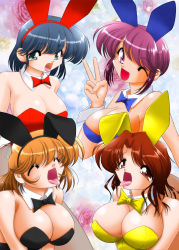 Rule 34 | 4girls, animal ears, blush, bow, bowtie, breasts, cleavage, detached collar, fake animal ears, female focus, gradient background, grey hair, highres, large breasts, leotard, multiple girls, one eye closed, open mouth, orange hair, playboy bunny, purple hair, rabbit ears, red hair, smile, tongue, tongue out, usso, v, wink, wrist cuffs