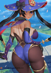 Rule 34 | 1girl, ariverkao, ass, black hair, blue leotard, breasts, dated, elbow gloves, from behind, genshin impact, gloves, green eyes, hat, highleg, highleg leotard, leotard, long hair, looking at viewer, looking back, medium breasts, mona (genshin impact), pantyhose, patreon logo, purple hat, signature, solo, strapless, strapless leotard, twintails, witch hat