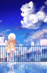 Rule 34 | 1girl, absurdres, alolan form, alolan vulpix, balloon, blonde hair, braid, cityscape, cloud, commentary, creatures (company), day, dress, fence, floating hair, from behind, game freak, gen 7 pokemon, hat, high heels, highres, lillie (pokemon), long hair, nintendo, outdoors, pinlin, pokemon, pokemon (anime), pokemon sm (anime), reflection, sky, twin braids, white dress, white headwear