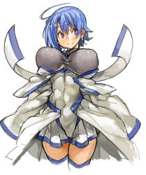 Rule 34 | 1girl, ahoge, blue eyes, blue hair, breasts, character request, copyright request, covered erect nipples, covered navel, detached sleeves, dress, huge breasts, long sleeves, looking to the side, matching hair/eyes, perky breasts, sachito, short dress, short hair, simple background, sleeves past wrists, smile, solo, thighhighs, white background, white dress, white thighhighs, wide sleeves, zettai ryouiki