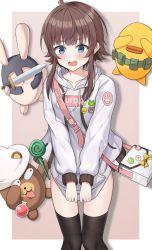 Rule 34 | 1girl, absurdres, ahoge, badge, bag, belt, black thighhighs, blue eyes, blush, border, brand name imitation, brown background, brown hair, buckle, bulging eyes, button badge, collarbone, counter:side, covering own eyes, drawstring, dress, dress tug, ears through headwear, embarrassed, eye pop, flask, flipped hair, hat, helmet, highres, holding, holding sword, holding weapon, hooded dress, jacket, long sleeves, looking down, open mouth, outside border, pocket, potion, rabbit, rubber duck, shadow, short hair with long locks, shoulder bag, sleeve cuffs, standing, stuffed animal, stuffed toy, supreme (brand), surrender (surren2019), sword, tearing up, teddy bear, thigh gap, thighhighs, utility belt, wavy mouth, weapon, white border, white dress, white jacket, yang harim, zipper pull tab