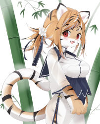 Rule 34 | 1girl, 2022, absurdres, bamboo, blush, breasts, enamika, flower, furry, furry female, highres, long hair, medium breasts, open mouth, orange hair, red eyes, smile, solo, standing, tiger girl, white flower