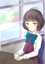 Rule 34 | 1girl, ahoge, bad id, bad pixiv id, blunt bangs, brown hair, chair, commentary request, cup, dated, dress, highres, kantai collection, kishinami (kancolle), long sleeves, looking at viewer, misaki yunosu, purple dress, school uniform, shirt, short hair, signature, sitting, smile, solo, table, wavy hair, white shirt, window, yellow eyes, yunomi