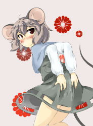 Rule 34 | 1girl, animal ears, ass, ass grab, blush, capelet, grabbing own ass, grey hair, highres, mepikari, mouse ears, mouse tail, nazrin, red eyes, short hair, solo, tail, touhou