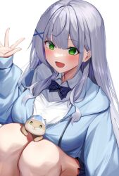 Rule 34 | 1girl, blue hoodie, blush, bow, bowtie, breasts, collared shirt, green eyes, grey hair, hair ornament, highres, hololive, hood, hoodie, knees up, large breasts, long hair, long sleeves, menmen (menmen13s), off shoulder, open mouth, partially unzipped, shirogane noel, shirogane noel (school uniform), shirt, simple background, smile, solo, virtual youtuber, white background, white shirt, x hair ornament