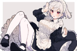 Rule 34 | 1girl, :o, apron, arm up, black dress, black footwear, blush, breasts, collared dress, dress, frilled dress, frills, gluteal fold, grey background, grey hair, hair between eyes, ikeuchi tanuma, juliet sleeves, knees up, large breasts, long sleeves, looking at viewer, maid, maid apron, maid headdress, mary janes, neon genesis evangelion, pantyhose, parted lips, puffy sleeves, red eyes, shoes, short hair, solo, tabris-xx, thighband pantyhose, two-tone background, white apron, white background, white pantyhose