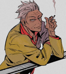 Rule 34 | 1boy, black eyes, cigarette, closed mouth, collared shirt, commentary request, gin to kin, grey background, grey hair, hair slicked back, highres, hirai ginji, holding, holding cigarette, inudori, jacket, long sleeves, looking at viewer, male focus, old, old man, railing, red shirt, shirt, short hair, simple background, smile, smoke, smoking, solo, upper body, yellow jacket