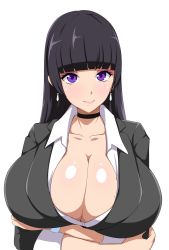 Rule 34 | 1girl, arms under breasts, black hair, breast hold, breasts, business suit, choker, cleavage, collared shirt, earrings, formal, highres, huge breasts, jabara tornado, jewelry, lipstick, long hair, looking at viewer, makeup, office lady, purple eyes, shirt, skirt, smile, solo, suit, upper body