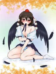 Rule 34 | 1girl, black wings, blush, breasts, brown hair, feathers, female focus, hat, kounoji, looking down, mouth hold, open clothes, open shirt, panties, shameimaru aya, shirt, short hair, skirt, solo, striped clothes, striped panties, touhou, underwear, wings