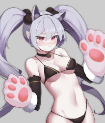 Rule 34 | 1girl, absurdres, alternate costume, animal ears, animal hands, bare shoulders, bikini, black bikini, blush, cat ears, cat paws, closed mouth, collar, elbow gloves, expressionless, fake animal ears, gloves, guardian tales, hands up, highres, long hair, looking at viewer, navel, necromancer noxia, paw gloves, red eyes, sliverdog, swimsuit, twintails
