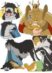 Rule 34 | ..., absurdres, animal, animal focus, animalization, armor, black dog, blanket, blush, brothers, cat, chanko 122, commentary request, crown, desha (ousama ranking), despa (ousama ranking), dog, closed eyes, facial hair, fake horns, full armor, helmet, highres, holding, holding animal, horned helmet, horns, looking at another, lying, mouth hold, mustache, on back, open mouth, ouken, ousama ranking, pawpads, siblings, simple background, sleeping, sparkle, standing, tongue, tongue out, white background, yellow cat