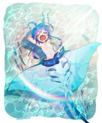 Rule 34 | 1girl, ahoge, air bubble, arm behind head, arm pillow, arms up, blue hair, blue theme, breasts, bubble, caustics, day, facing viewer, from above, gradient hair, lying, manta ray girl, mermaid, monster girl, mullmull02, multicolored hair, nature, navel, no nipples, nude, on back, open mouth, original, outside border, partially submerged, purple hair, rainbow, school of fish, short hair with long locks, small breasts, solo, sunlight, taur, twitter username, two-tone hair, water, yawning