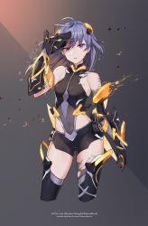 Rule 34 | 1girl, aliceblue, arm strap, artist name, black bodysuit, black gloves, blue eyes, bodysuit, breasts, character name, clothing cutout, covered navel, cropped legs, damaged, elbow gloves, floating hair, fu hua, fu hua (shadow knight), gauntlets, gloves, hair between eyes, hair ornament, highres, holding, holding mask, honkai (series), honkai impact 3rd, lightning, long hair, looking at viewer, mask, medium breasts, open mouth, power suit, side cutout, sidelocks, skindentation, sleeveless, sleeveless bodysuit, solo, thighhighs
